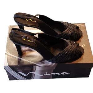 Vintage Nina Black Satin w/Jewels Holiday Party Open Toe Buckle Heels Size 8.5M